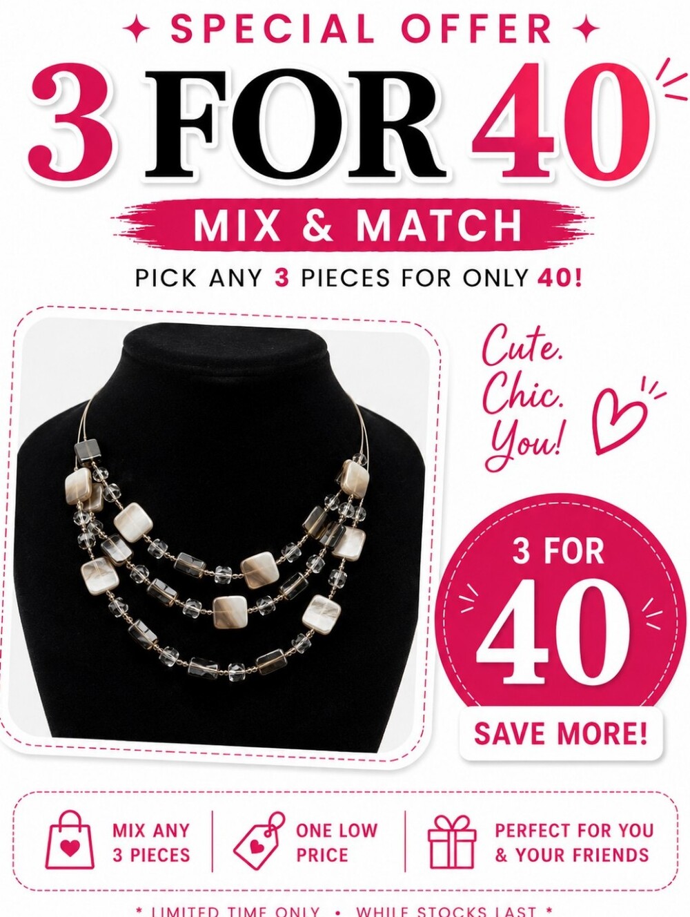 Multi-Strand Silver Tone Beaded Necklace Crystal MOP Hematite Statement Jewelry